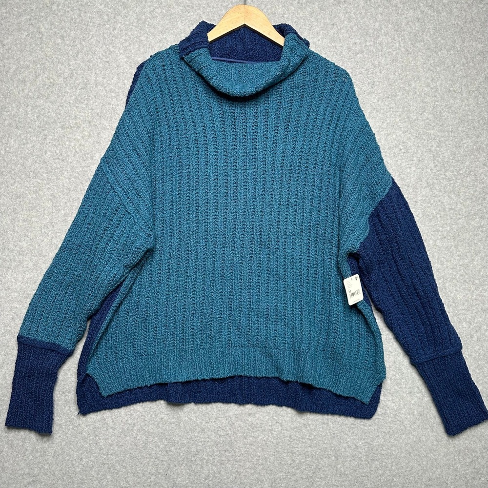 Free People Ella Tunic Blue Colorblock Mock Neck Sweater Oversized Size M NWT - Picture 2 of 9